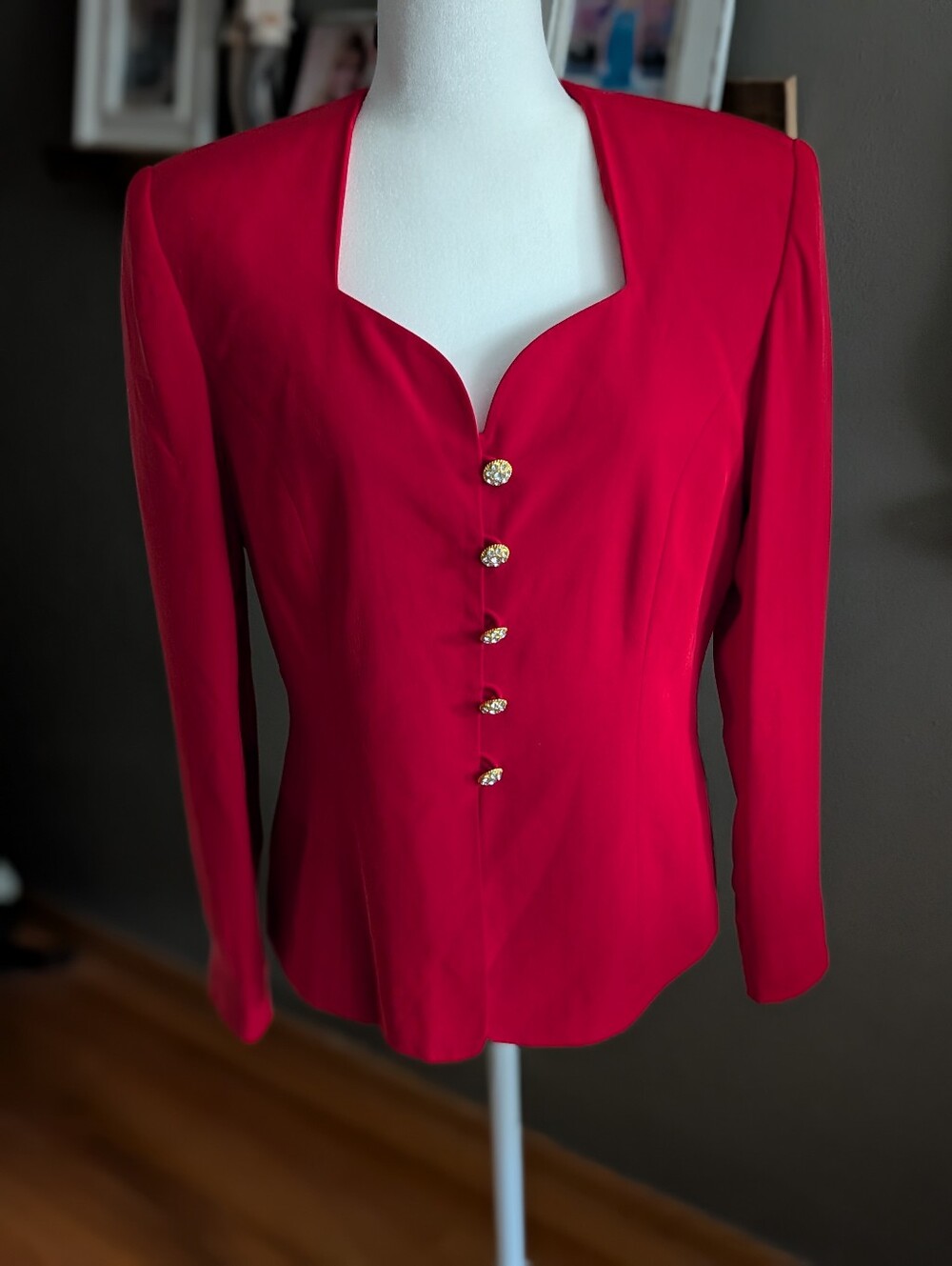 Vintage 90s Red 100% Silk Structured Blazer Jacket 10 Gold Rhinestone Buttons